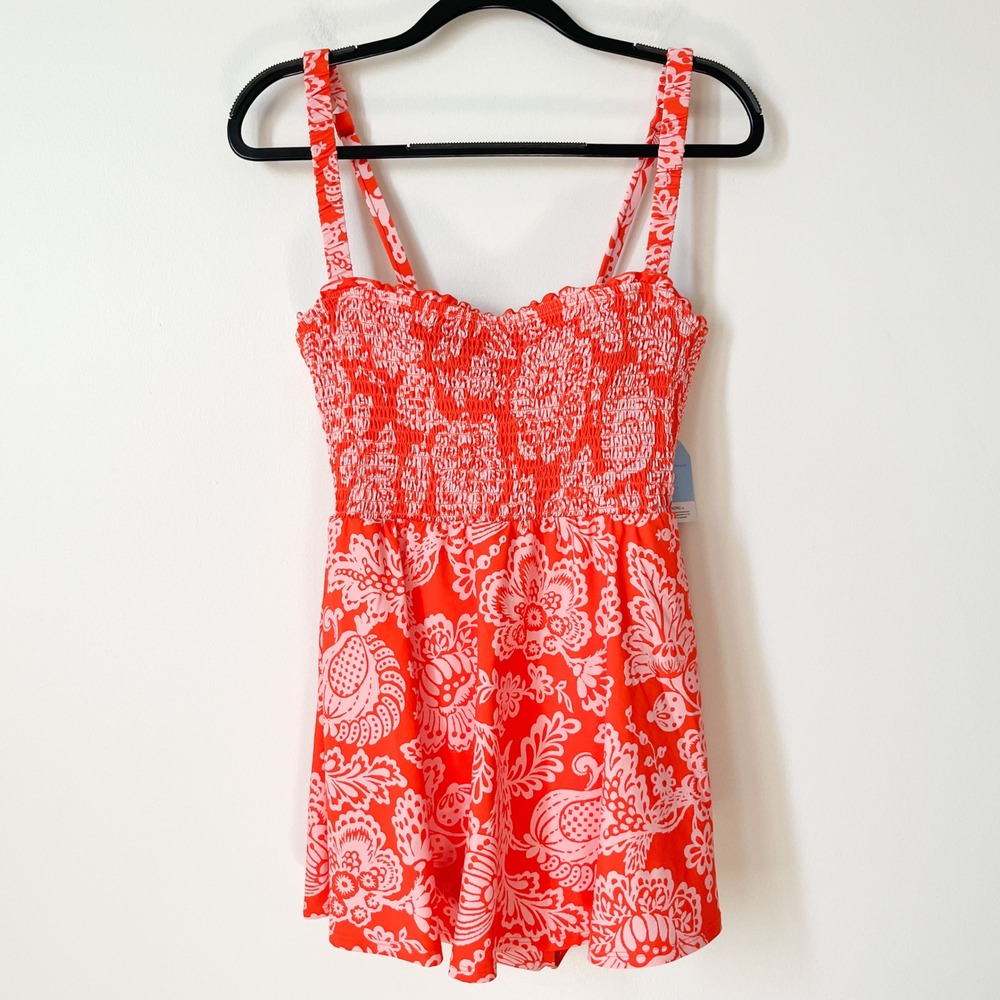 NEW Lands End Smocked Swimsuit Dress Orange Pink Floral Womens 10